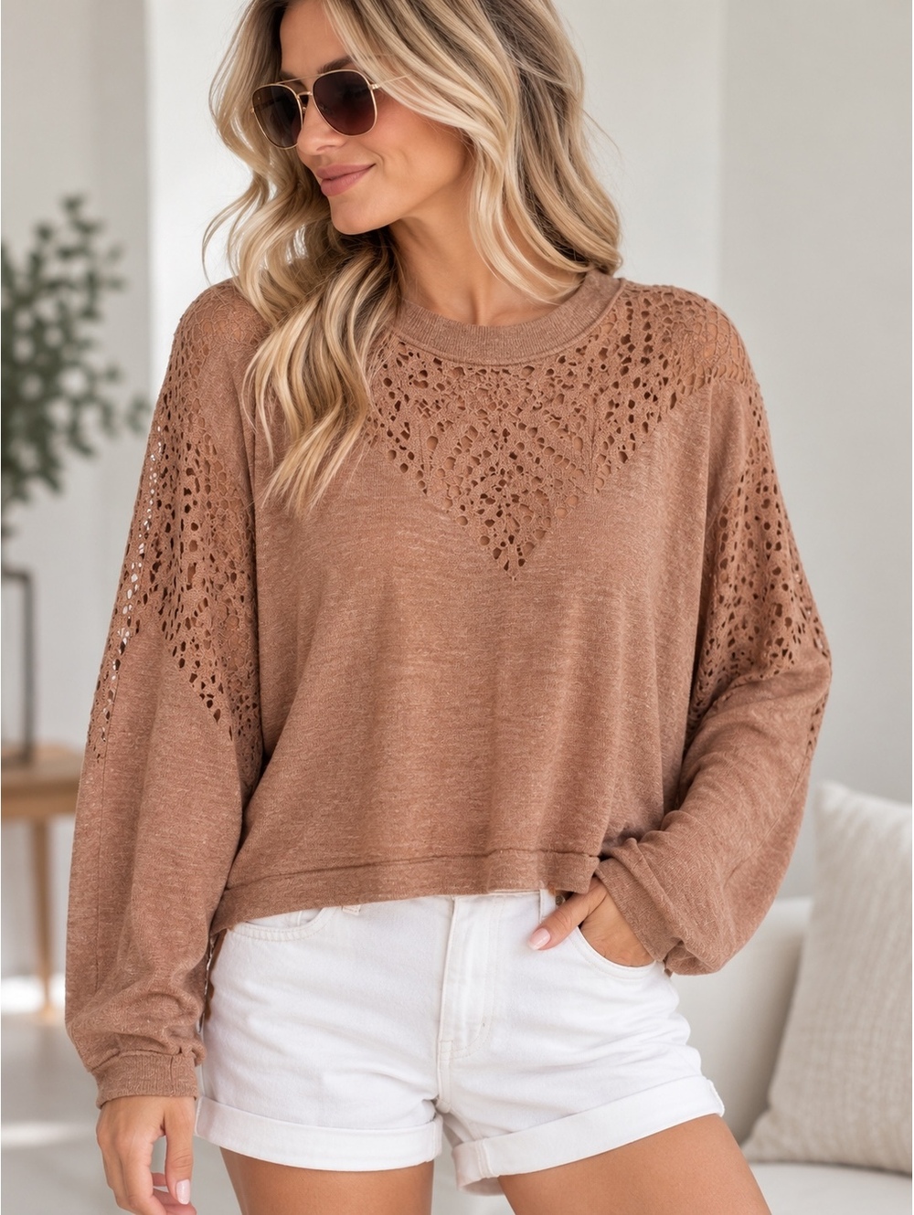 Free People Women’s XS Wool Blend Crochet Lace Long Sleeve Oversized Sweater Top
